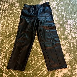 H&M Black High Waist Rise Faux Leather Straight Leg Trousers Pants